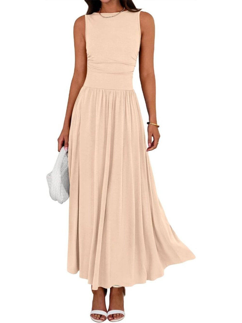 Women's Beige Summer Crewneck High Waisted Sleeveless Casual Long Maxi Dresses